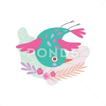 Cute Colorful Nesting Bird, Symbol of Spring, Bird Sitting in Nest Upside Down Stock Illustration