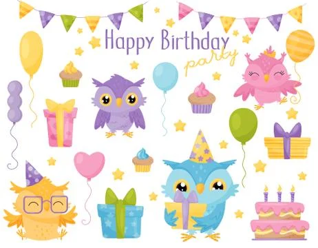 Cute colorful owlets, design elements for Birthday party can be used for Stock Illustration