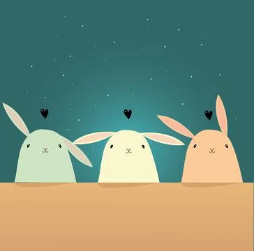 Cute colorful rabbits sitting at the table Stock Illustration
