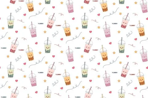 Cute colorful seamless pattern with funny kawaii bubble tea. Vector illustr.. Illustrazione stock