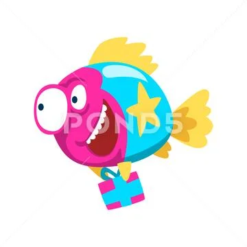 Cute colorful smiling fish holding gift box, little sea creature character Stock Illustration