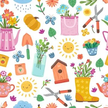 Cute colorful spring pattern. Bright floral design, summer flower in boots Stock Illustration