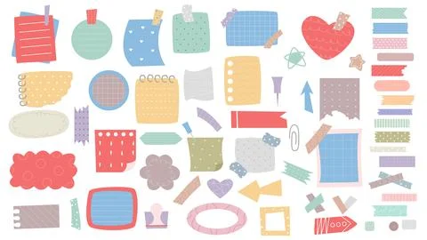 Cute colorful sticky notes, papers, leaflets, bookmarks, sticky tape, notes set Stock Illustration