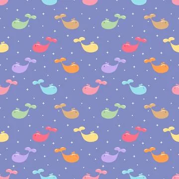 Cute Colorful Whale Seamless Pattern with Stars on Periwinkle Blue Background Stock Illustration