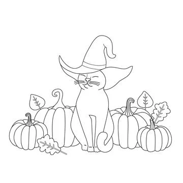 Cute coloring book with cat with hat and pumpkins. Autumn halloween atmosphere Stock Illustration