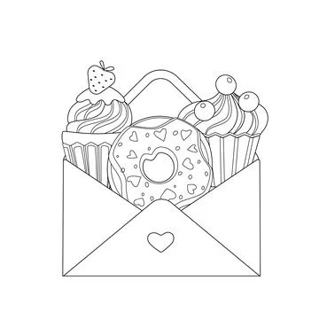 Cute coloring book with envelope and cupcakes, donut. Outline, cake sketch Stock Illustration