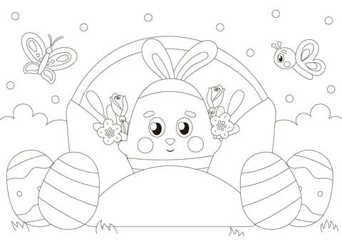 Cute coloring page for easter with bunny character in envelope with flowers Stock Illustration