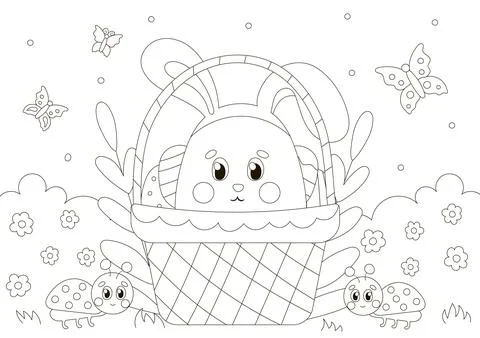 Cute coloring page for easter with bunny character in basket with flowers a.. Stock Illustration