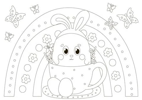 Cute coloring page for easter with bunny character in cup with flowers and .. Stock Illustration
