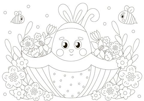 Cute coloring page for easter with bunny character in umbrella with flowers.. Stock Illustration