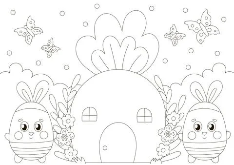 Cute coloring page for easter holidays with bunny characters near carrot house Stock Illustration