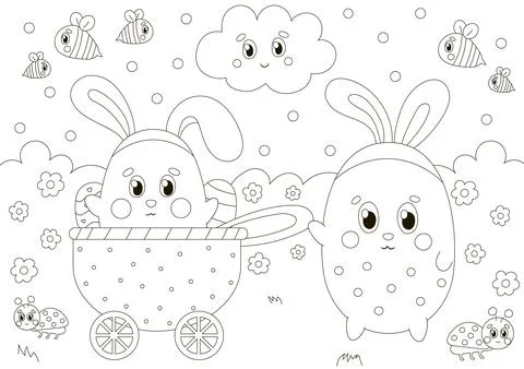 Cute coloring page for easter holidays with bunny character in country cart in Stock Illustration
