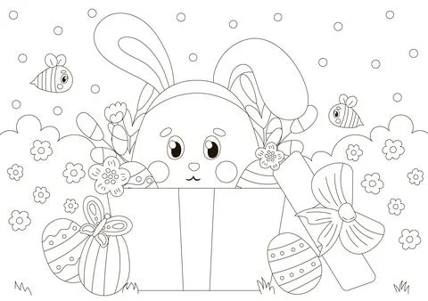 Cute coloring page for easter holidays with bunny character in gift box with Stock Illustration