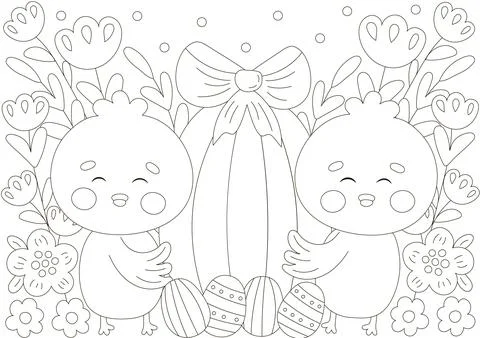 Cute coloring page for easter holidays with chick characters holding egg with Stock Illustration