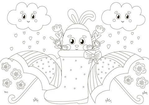 Cute coloring page for easter holidays with bunny character in rubber boot and Stock Illustration