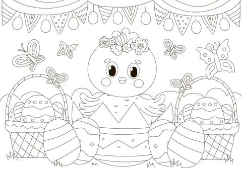 Cute coloring page for easter holidays with chick character in egg shell and Stock Illustration