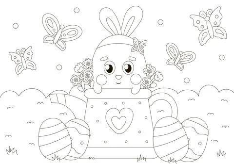 Cute coloring page for easter holidays with bunny character in watering can with Stock Illustration