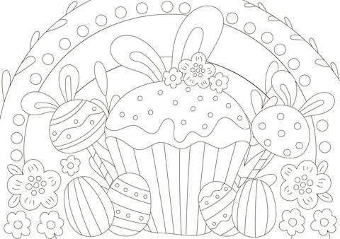 Cute coloring page for easter holidays with cupcake and eggs in scandinavian Illustrazione stock