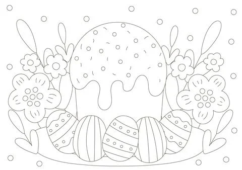Cute coloring page for easter holidays with cake and eggs in scandinavian style Stock Illustration