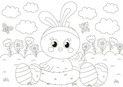 Cute coloring page for easter holidays with chick character iwaving wing and Stock Illustration