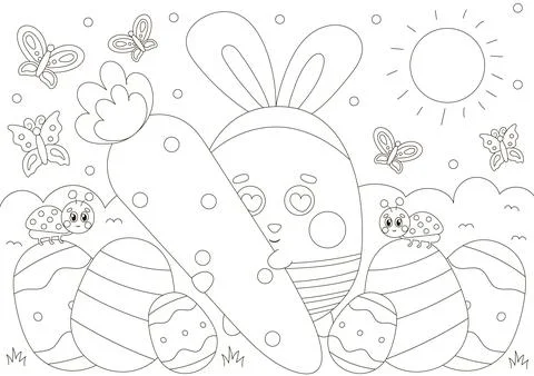 Cute coloring page for easter holidays with buuny character holding giant c.. Stock Illustration