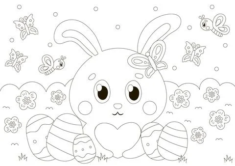 Cute coloring page for easter holidays with bunny character holding heart a.. Stock Illustration