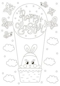 Cute coloring page for easter holidays with buuny character flying in hot a.. Stock Illustration