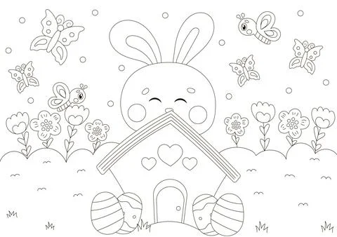 Cute coloring page for easter holidays with bunny character lying on house .. Stock Illustration