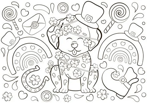 Cute coloring page for St Patrick's Day with Dalmatian character in shamrock Stock Illustration