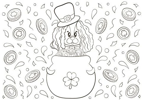Cute coloring page for St Patrick's Day with dog character in cauldron and lucky Stock Illustration