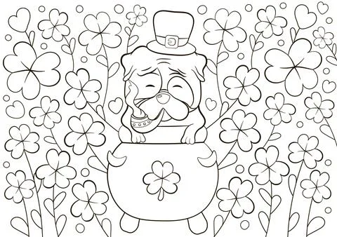 Cute coloring page for St Patrick's Day with pug character in lucky hat smoking Stock Illustration