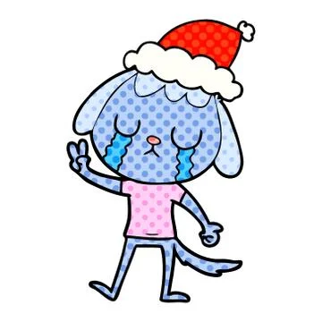 Cute comic book style illustration of a dog crying wearing santa hat Stock Illustration