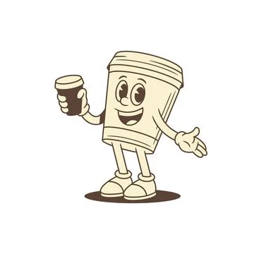 Cute comic coffee paper cup cartoon character with morning drink contoured .. Stock Illustration