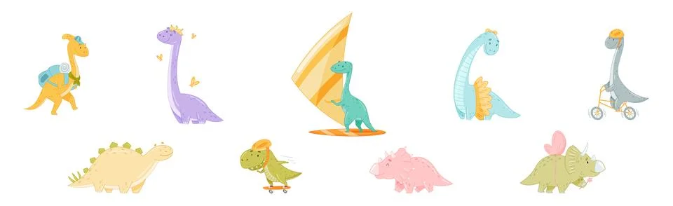 Cute Comic Dinosaur Do Different Activity Vector Set Illustrazione stock