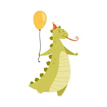 Cute comic dinosaur in party hat walking with balloon. Adorable animal dressed Stock Illustration