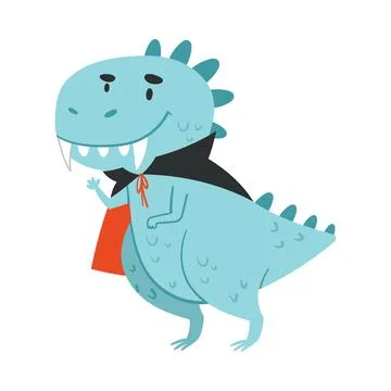 Cute comic dinosaur in vampire costume. Adorable animal dressed for carnival or Illustrazione stock