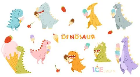 Cute comic dinosaurs eating ice cream set. Kids t-shirt print, books, stickers Stock Illustration
