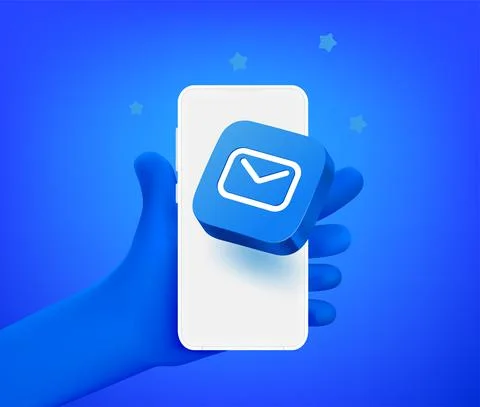 Cute comic hand with smartphone with mailing app. 3d vector illustration 스톡 일러스트