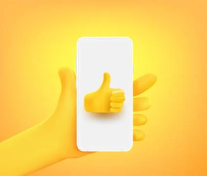 Cute comic hand with thumbs up icon on smartphone. 3d vector illustration Stock Illustration