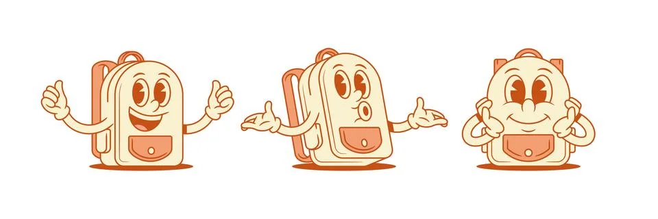 Cute comic schoolbag back to school cartoon character set isometric vector .. Stock Illustration