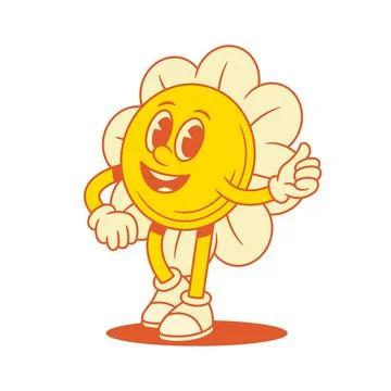 Cute comic yellow flower chamomile cartoon character thumb up contoured vec.. Stock Illustration