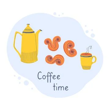 Cute composition with kettle, cup of coffee and saffron buns Stock Illustration