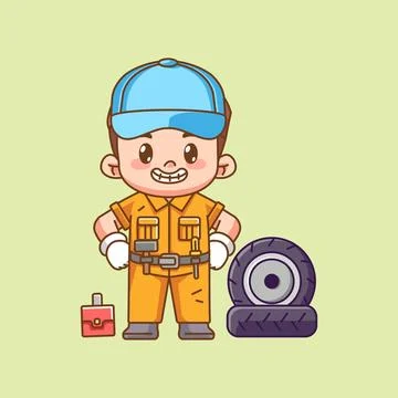 Cute confident mechanic with tool at workshop kawaii chibi character mascot Stock Illustration