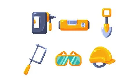 Cute construction hand tools, level, shovel, hacksaw, protective glasses, hard Illustrazione stock