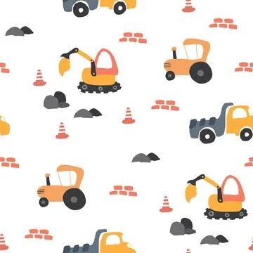 Cute construction site Seamless Pattern, Cartoon building area background, ve 스톡 일러스트