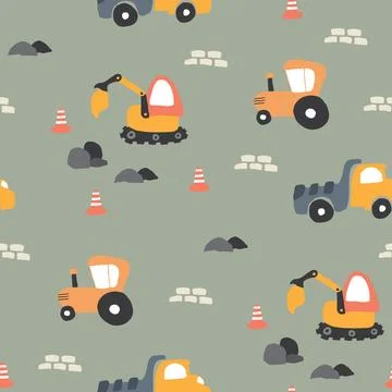 Cute construction site Seamless Pattern, Cartoon building area background, .. 스톡 일러스트