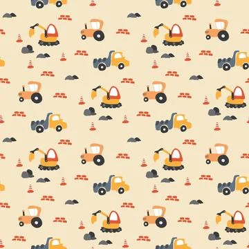 Cute construction site Seamless Pattern, Cartoon building area background, .. Stock Illustration
