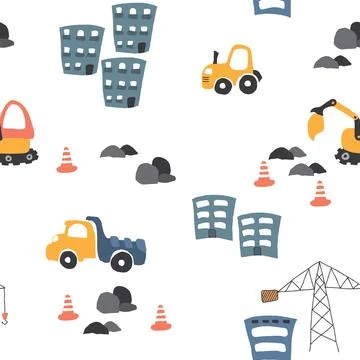 Cute construction site Seamless Pattern, Cartoon building area background, .. 스톡 일러스트
