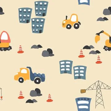 Cute construction site Seamless Pattern, Cartoon building area background, vecto 스톡 일러스트