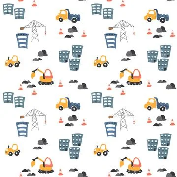 Cute construction site Seamless Pattern, Cartoon building area background, vecto 스톡 일러스트